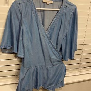 Denim LOFT short sleeve wrap around blouse